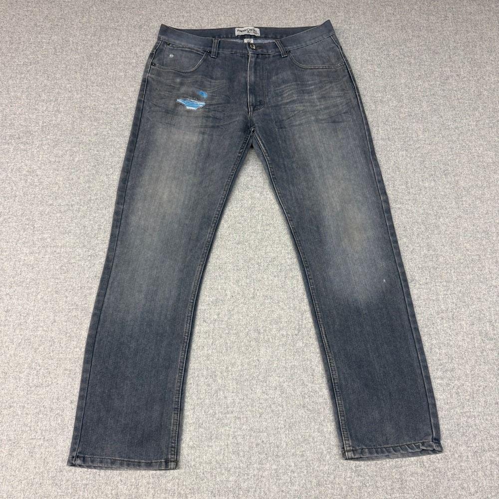 Paper Denim & Cloth Jeans 34x32 Gray Straight Leg Faded Distressed Blue Repair